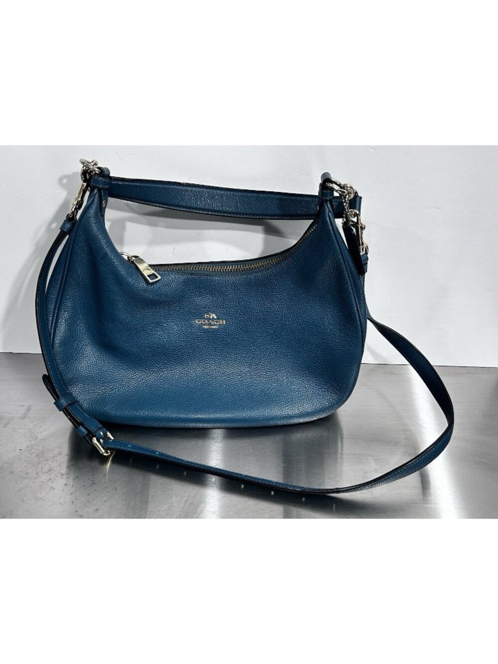 Coach Dark Teal Blue Pebld Hobo Shoulder Bag Top Gold Hardware Detachable Strap